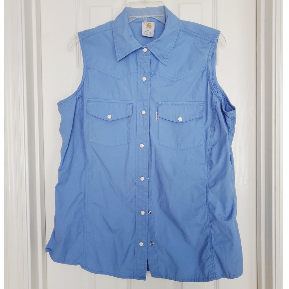 Vtg Carhartt Sleeveless Western Snap Shirt Blue Cotton Stretch Workwear XL - Picture 3 of 7